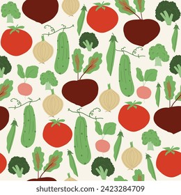 Vegetable trendy creative  cjlorful seamless pattern. Hand drawn, flat scandinavian style, manual art. Healthy nutrition, organic food. Vector illustration.