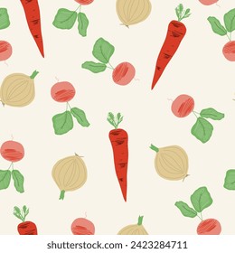 Vegetable trendy creative  cjlorful seamless pattern. Hand drawn, flat scandinavian style, manual art. Healthy nutrition, organic food. Vector illustration.