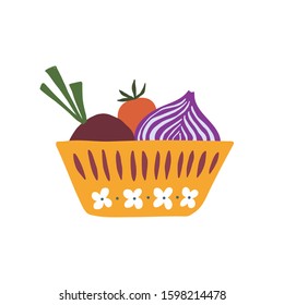 Vegetable variety ingredients in a bowl. Betts, onion, tomato. Hand drawn kitchen print. Vector illustration 