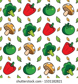 Vegetable vector arranged into a pattern. consists of tomatoes, broccoli, peppers, and mushrooms. plus the leaves spread around. easy to use and editable