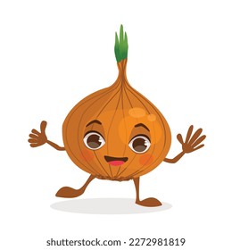 Vegetable vector cartoon character - Onion. Vegetable with a face, arms and legs.