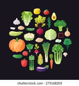 Vegetable vector circle background. Modern flat design. Healthy food background.