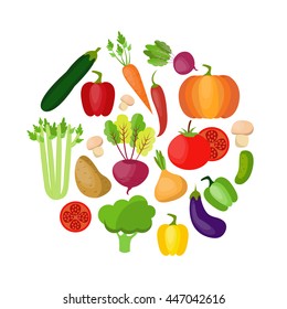Vegetable vector circle background. Modern flat design. Healthy food background.