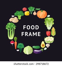 Vegetable vector circle frame background. Modern flat design. Healthy food background. 