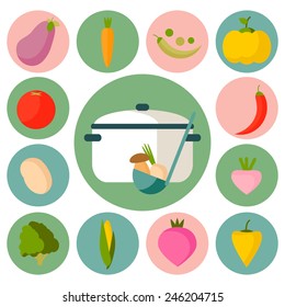 Vegetable vector circle icons. Perfect food set for cooking, restaurant, menu, vegetables and vegetarian food. Flat design. 