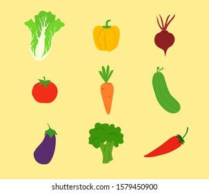 vegetable vector collection.  Chinese cabbage, paprika, beet, tomato, carrot, cucumber, eggplant,brocoli, and chili.