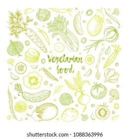 Vegetable vector composition with cucumber, tomato, pepper, eggplant, potato, peas, carrot, broccoli. Healthy food design template with vector vegetables. Great for design menu, recipes poster