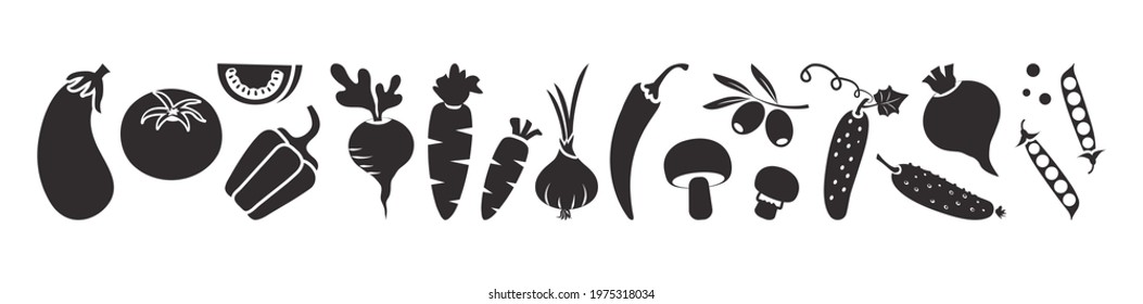 Vegetable vector icon, black set isolated on white background. Fresh food illustration