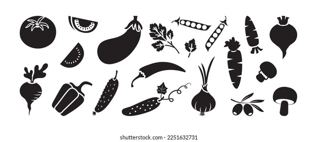 Vegetable vector icon, black silhouette set isolated on white background. Fresh and healthy food illustration