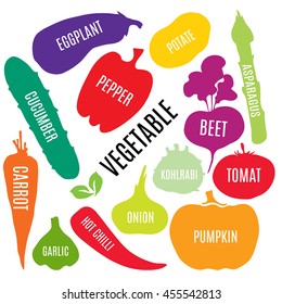 Vegetable vector icon. Collection with cucumber, carrot, and other colored silhouettes of vegetables