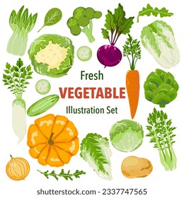 Vegetable vector icon illustration set. Vegetable illustration in cute colors for farm product design. Vegetarian shop. Market sign.