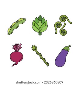 Vegetable vector icon set colored outlined illustration isolated on square white background. Simple flat cartoon vegetable healthy natural food ingredients drawing.