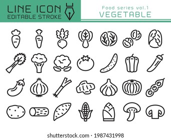 Vegetable vector icon set.  Editable line stroke.