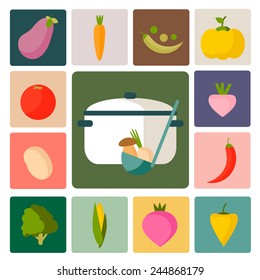 Vegetable vector icons. Perfect food set for cooking, restaurant, menu, vegetables and vegetarian food. Flat design.  