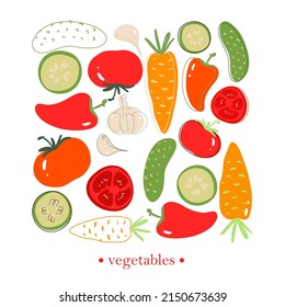Vegetable vector illustration. Tomato, cucumber, carrot, garlic, bell pepper. Recipe cook book design.
