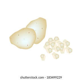 Vegetable, Vector Illustration of Whole and Chopped Potatoes Isolated on White Background. 
