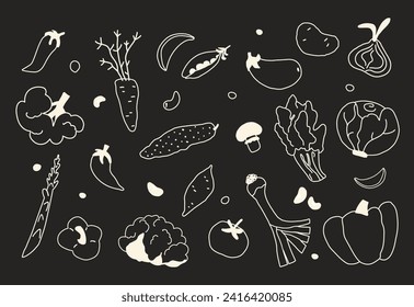 Vegetable vector illustrations in hand drawn cartoon style on chalkboard. Doodle veggies broccoli, eggplant, onion, cucumber, spinach, cabbage, tomato in simple sketch line style