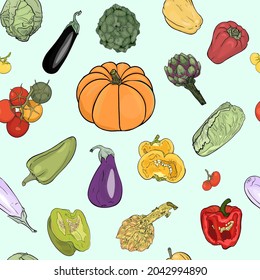 Vegetable vector pattern. Seamless illustration of zucchini, pumpkins, peppers, cabbage, artichoke on a colored background. Blank for designers, vegan, clothing, textiles