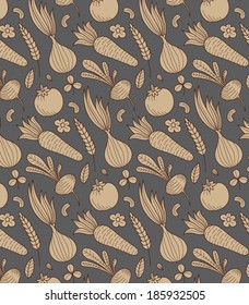 Vegetable vector seamless pattern with carrot, tomato, onion, garlic, clover, peanut, almond, wheat. Eco background. Endless texture can be used for wallpaper, website background, textile printing.