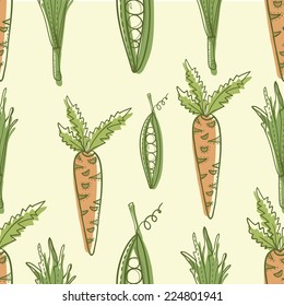 Vegetable vector seamless pattern. Carrot and peas hand drawn illustration.