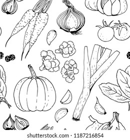 Vegetable vector seamless pattern, hand drawn background