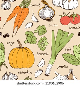 Vegetable vector seamless pattern, hand drawn food background with: tomato, carrot, pumpkin, onion, broccoli, leek, garlic, herbs