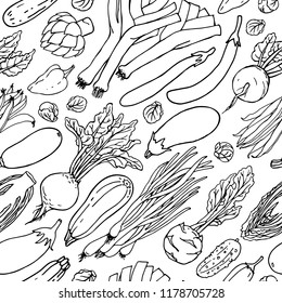 Vegetable vector seamless pattern. Sketch style illustration. Food linear graphic black and white background. 