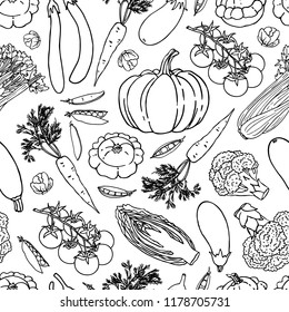Vegetable vector seamless pattern. Sketch style illustration. Food linear graphic black and white background. 