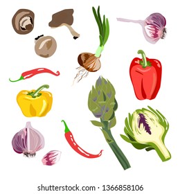 Vegetable vector set with champignon mushrooms, artichoke, bell peppers, chilly pepper, onion and garlic