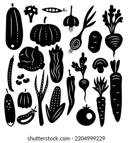 Vegetable vector silhouette set. Big collection of organic eco vegetables stencils. Creative black food, market, harvest, cooking, farm elements in cartoon doodle style