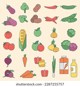 Vegetable vegetariano mínimo color delgado color de la línea delgada logotipo vectorial y conjunto de elementos de diseño.