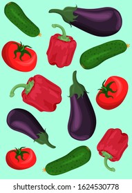 Vegetable veggie background  pattern vector illustration. Eggplant, bell pepper cucumber tomato with shadows.
 Vegetarian healthy food texture. Vegan, farm, organic, detox