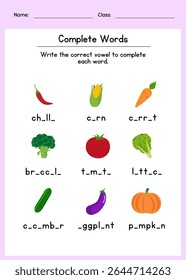 Vegetable vocabulary worksheet for kids. Fun activity to complete vegetable words using vowels. Perfect for preschool or kindergarten learning.