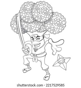 Vegetable warrior Broccoli Ninja black and white coloring. Ideal for educational and nutritional materials