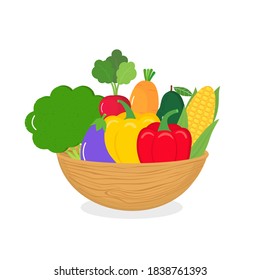 Vegetable in a wooden bowl isolated on a white background. Broccoli, radish, eggplant, sweet pepper ,avocado, carrot, corn. Flat design vector. Healthy eating concept.