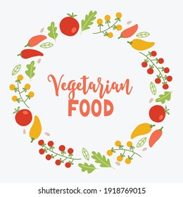 Vegetable wreath with tomato, arugula, pepper, leaves on white background. Scandinavian style. Perfect for menu, vegetarian and vegan posters. Hand drawn frame, greeting card. Vector illustration