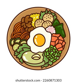 
Vegetable,egg and salmon poke bowl, hand drawing. Vector food illustration top view. Healthy food concept