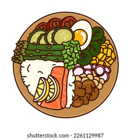 Vegetable,egg and salmon poke bowl, hand drawing. Vector food illustration top view. Healthy food concept