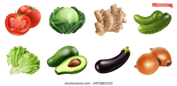 Vegetables, 3d realistic vector set. Tomato, cabbage, ginger, cucumber, lettuce, avocado, eggplant, onion