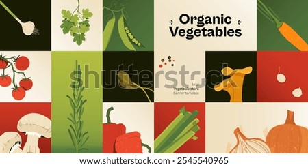 Vegetables abstract banner. Minimal organic food posters with simple geometric shapes, scandinavian vegetarian restaurant menu design. Vector illustration.