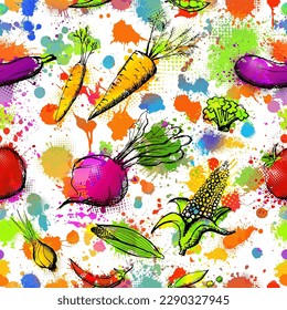 Vegetables abstract seamless background with colored watercolor blots and spots. Vector illustration