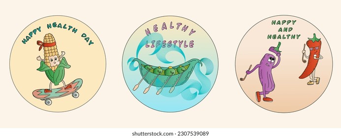 Vegetables  are actively involved in sports motivating them to a healthy lifestyle.  Doodles hand drawning motivating vector images with  inscription Happy and healthy, healthy lifestyle, Happy helth 