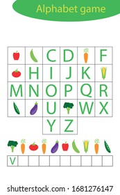 Vegetables alphabet game for children, make a word, preschool worksheet activity for kids, educational spelling scramble game for the development of children, vector illustration