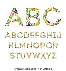 Vegetables Alphabet set. Colorful letters set from vegetables. Decoration concept for books, menus, shops.