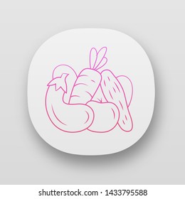 Vegetables app icon. Cucumber, tomato, carrot, eggplant. Healthy nutrition ingredient. Vegan food. Agriculture plants. UI/UX user interface. Web or mobile applications. Vector isolated illustrations