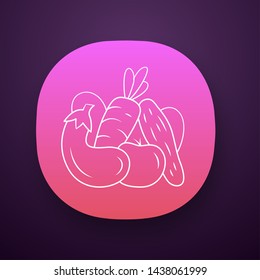 Vegetables app icon. Cucumber, tomato, carrot, eggplant. Vitamin and diet. Vegetarian, vegan food. Agriculture plants. UI/UX user interface. Web or mobile application. Vector isolated illustration