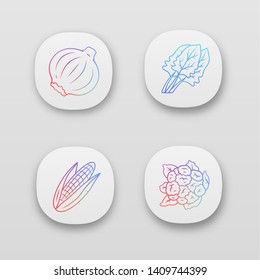 Vegetables app icons set. Cauliflower, onion, corn, spinach. Vitamin and diet. Healthy nutrition. UI/UX user interface. Web or mobile applications. Vector isolated illustrations