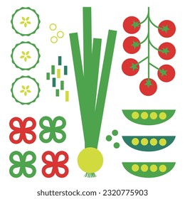 Vegetables appetising set vector illustration. Abstract vegetables green, red print. Onion, cucumber, bean. Simple, geometric, modern pattern. Natural organic food for menu, poster, banner, template.