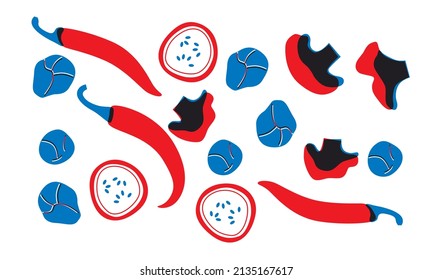 Vegetables appetizing set vector illustration. Abstract vegetables red, blue print. Funny typography poster, apparel print design, menu. Minimalist art for logo, posters, wall art, healthy concept.