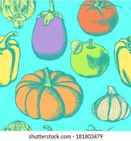 Vegetables and apple vector, sketch seamless pattern